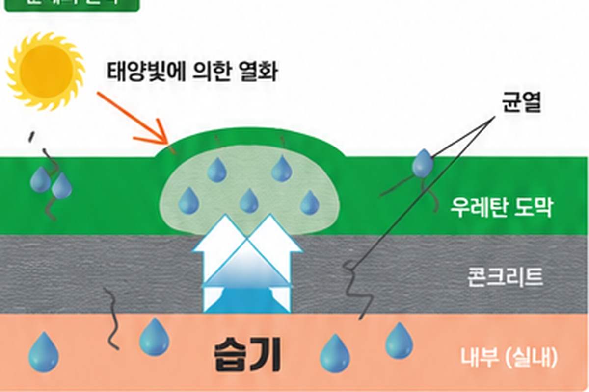 태양빛과 습기, 균열, 콘크리트 구조를 설명하는 문제 원리 다이어그램