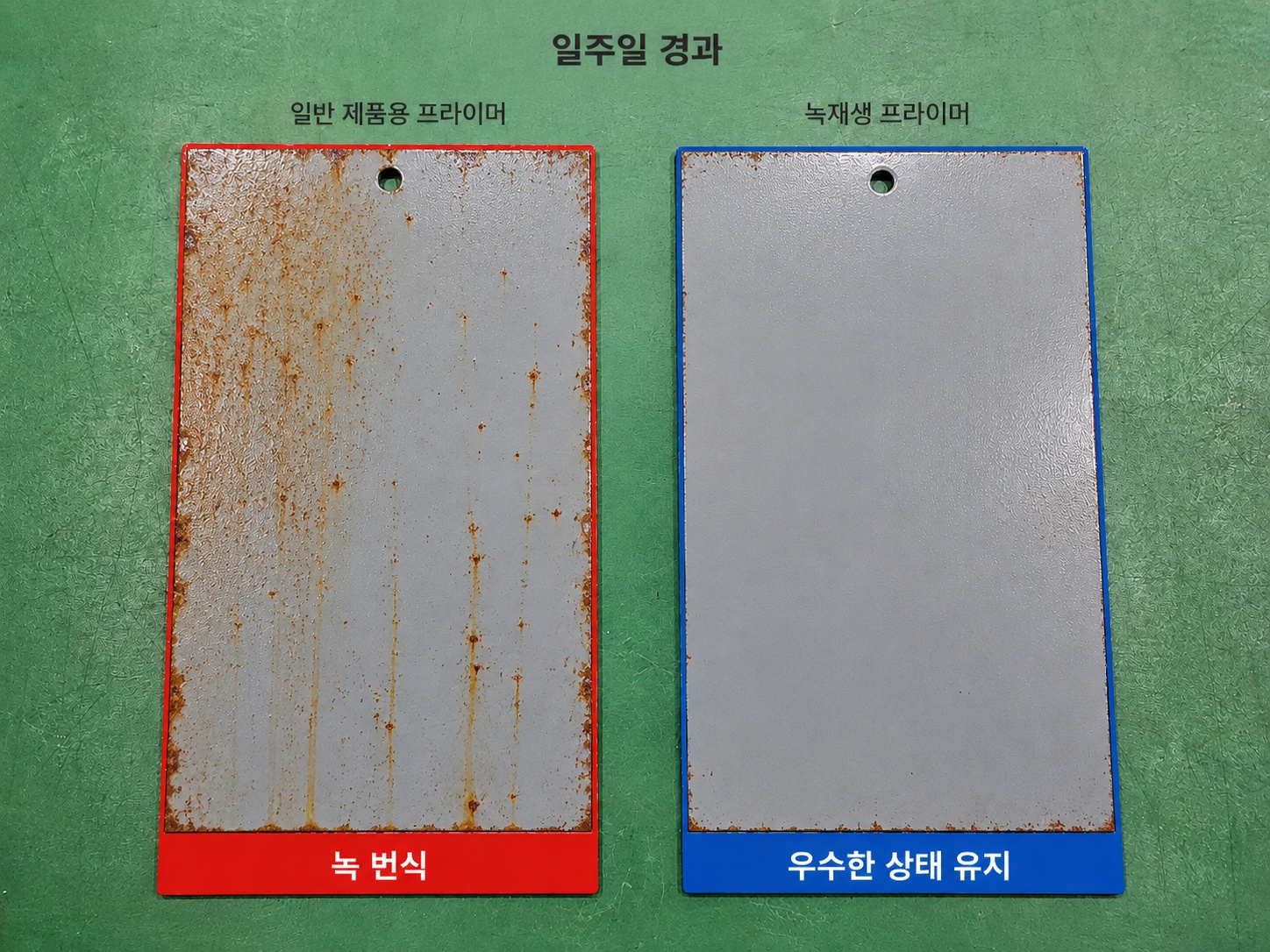 녹재생솔루션 적용 일주일 후 일반 제품과 비교